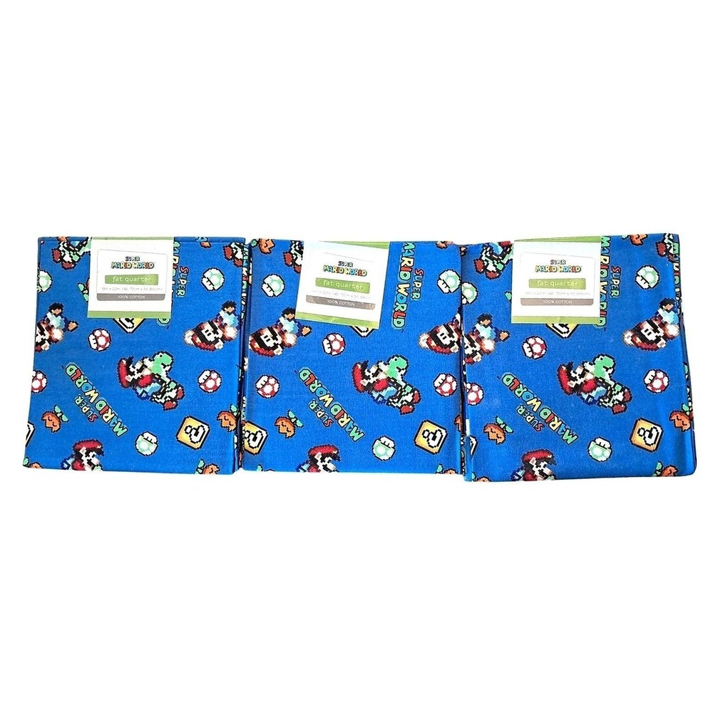 Retro Nintendo Super Mario World Fat Quarter Fabric 3pc Blue Pixel Art Cotton